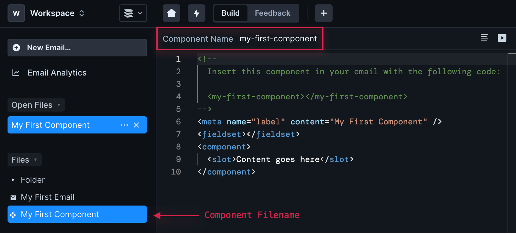 Screenshot showing the component filename and component name