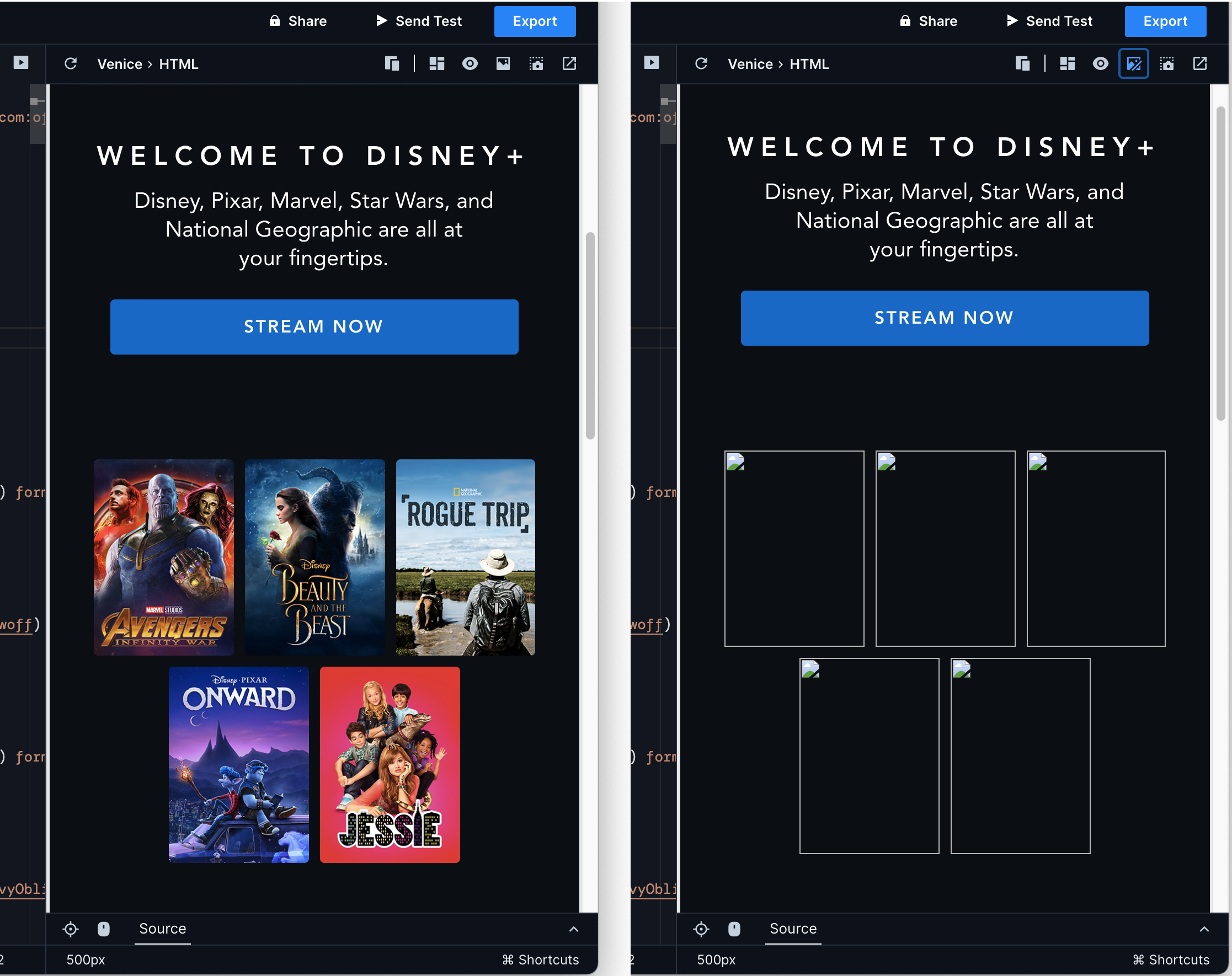 Up close images of the Preview with a Disney email displayed. The email has some text about newly released shows and movies, and below, 5 movie posters. The left image displays the email with images loaded. The right image displays the email with images blocked, and the 5 movie posters are represented as empty boxes.