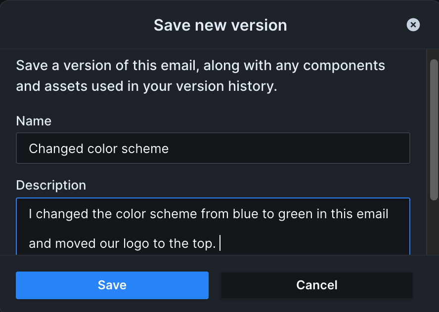 Up close image of the "Save a new version" dialog, which contains a text field for "Name" and another for "Description". Below are Save and Cancel buttons